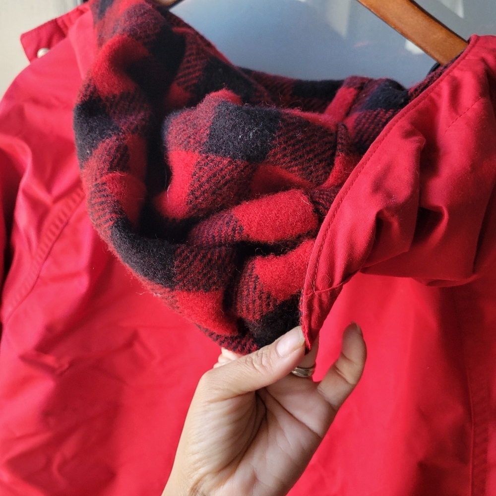 Vintage LL Bean Baxter State Parka Jacket Plaid Wool Lined Hood Red Womens Large - Picture 15 of 16